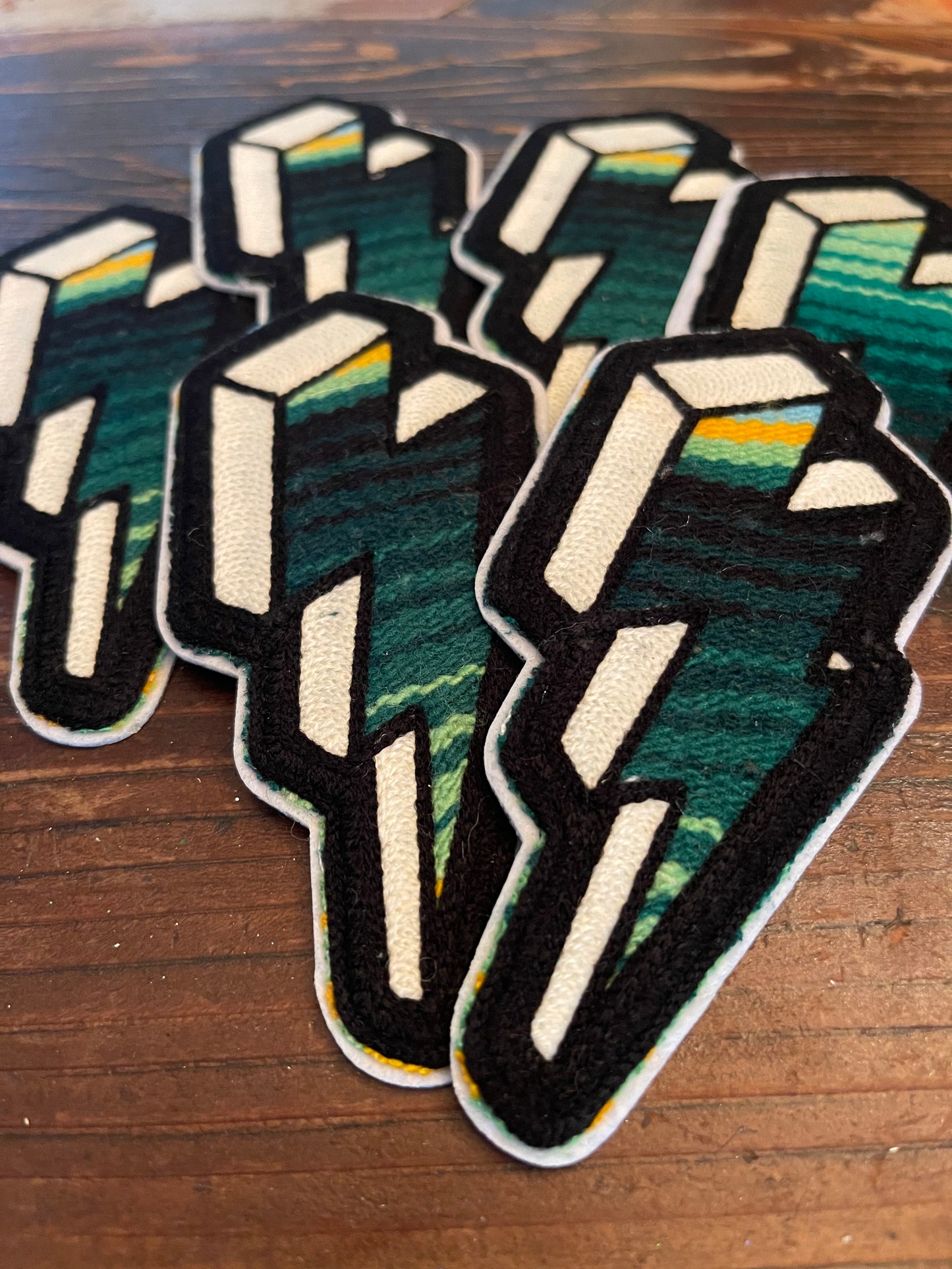 SERAPE CHAINSTITCH BOLT PATCH GREENS WITH SMALL GOLD STRIPE ~ BLACK STITCH