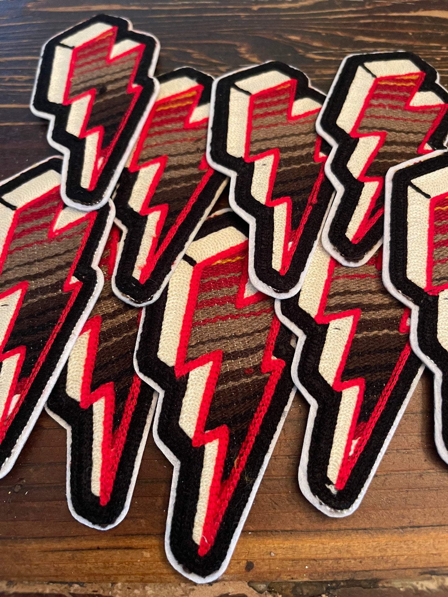 SERAPE CHAINSTITCH BOLT PATCH BROWN & RED STRIPES ~ RED STITCH