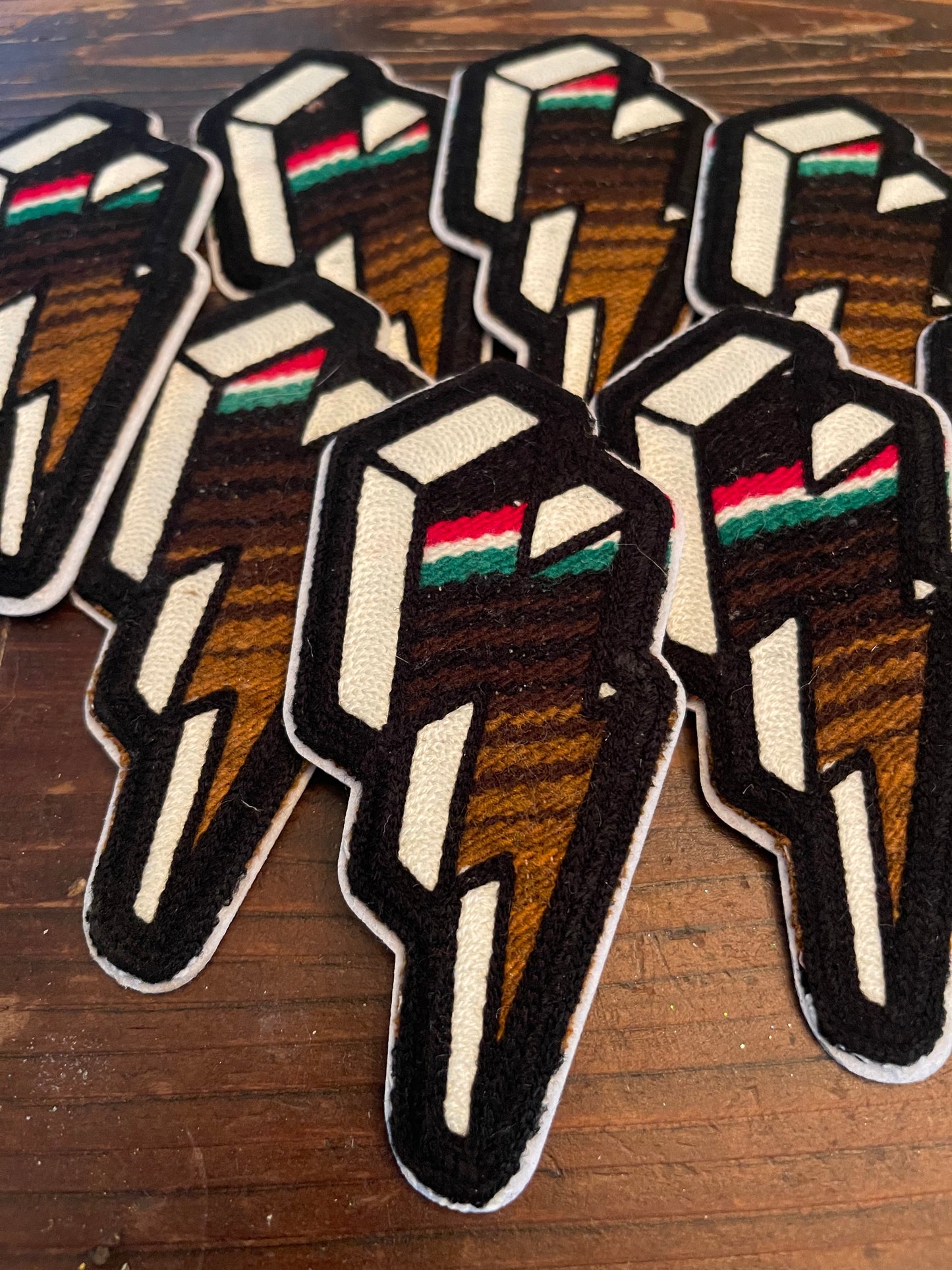 Copy of SERAPE CHAINSTITCH BOLT PATCH BROWN & RED & GREEN STRIPES ~ BLACK STITCH