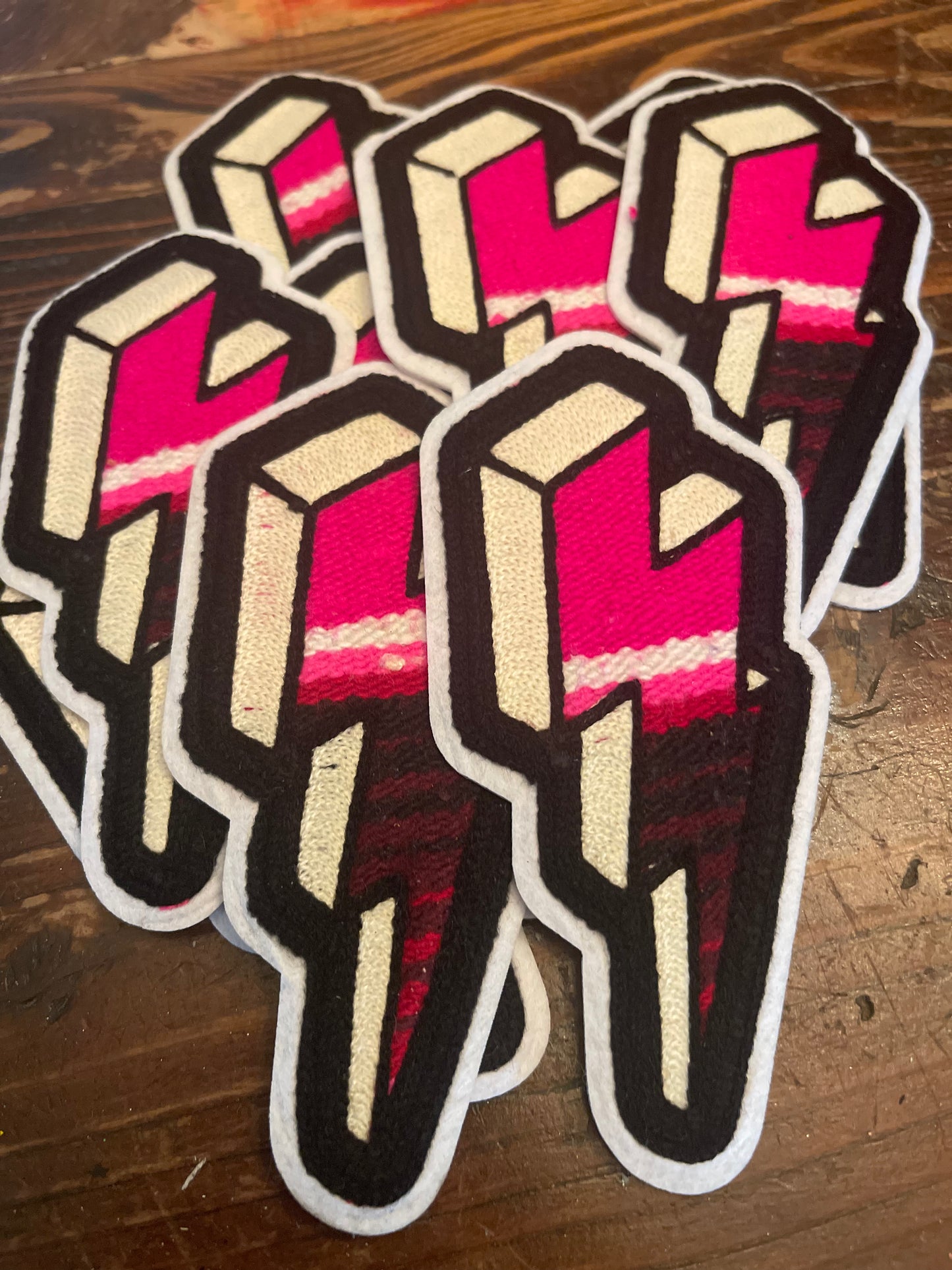SERAPE CHAINSTITCH BOLT PATCH BOLD PINK STRIPES ~ BLACK STITCH