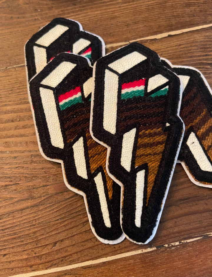 SERAPE CHAINSTITCH BOLT PATCH BROWN SMALL RED STRIPE ~ BLACK STITCH