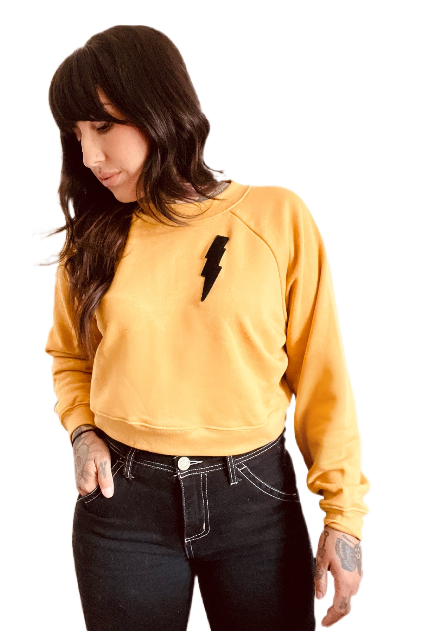 MUSTARD PULLOVER FLEECE WITH BLACK CHENILLE BOLT PATCH