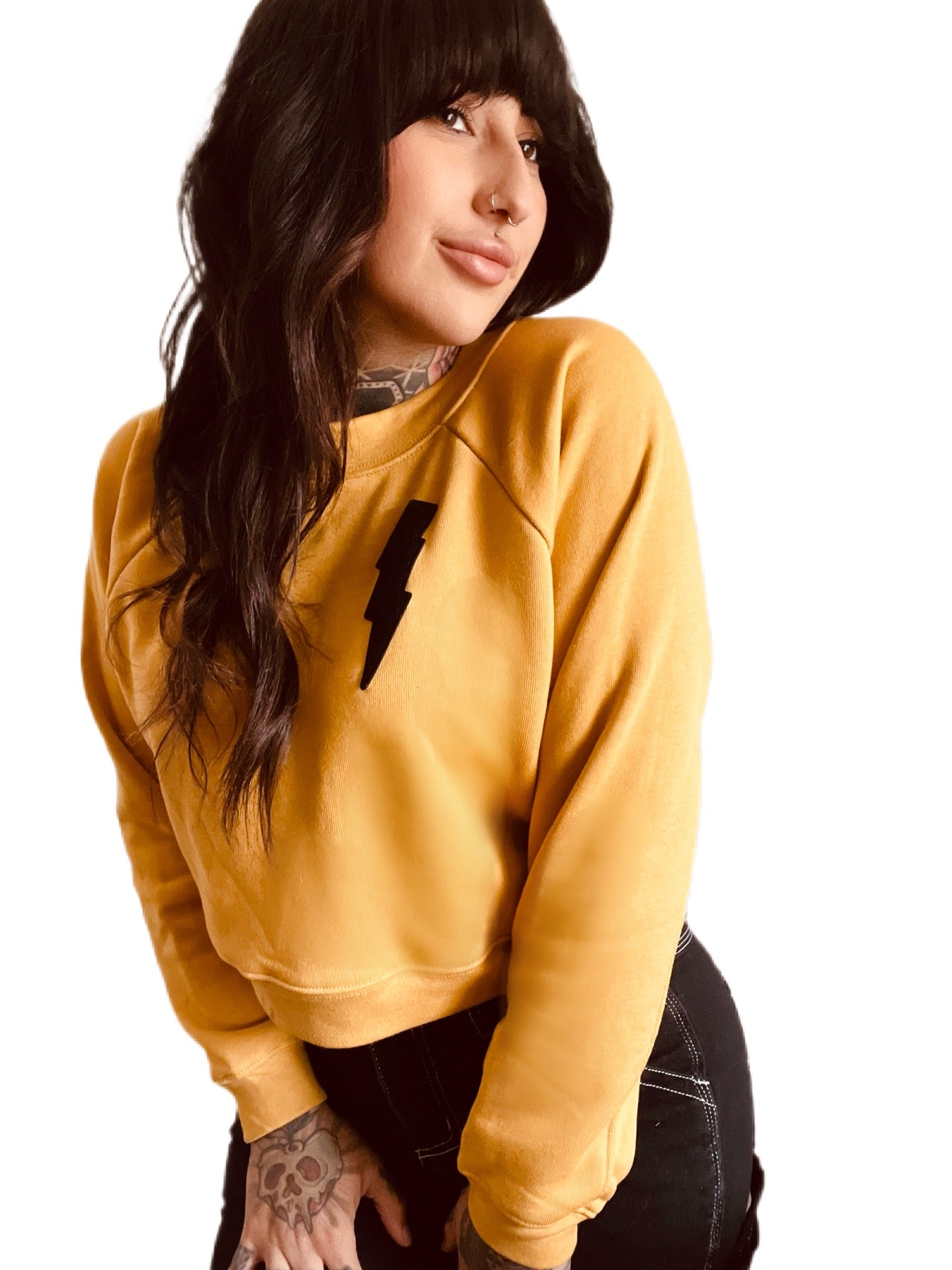 MUSTARD PULLOVER FLEECE WITH BLACK CHENILLE BOLT PATCH